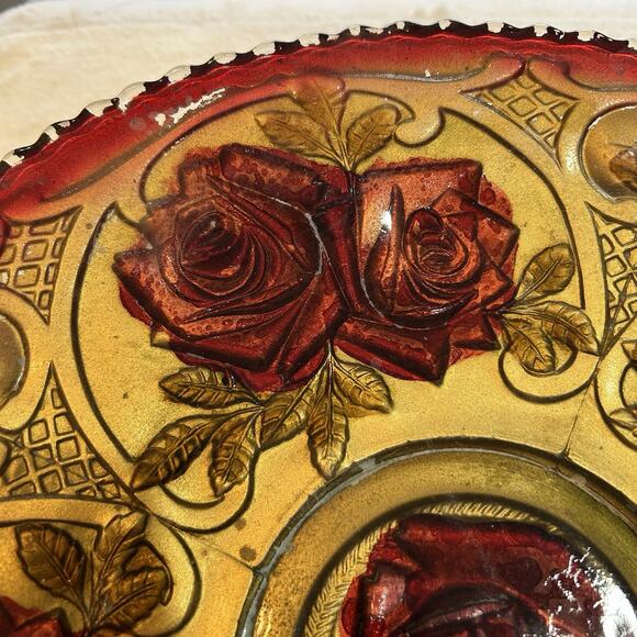 Antique Vintage 1920's  Red & Gold Roses Goofus Glass Plate/Platter 10 3/4" - Picture 8 of 9